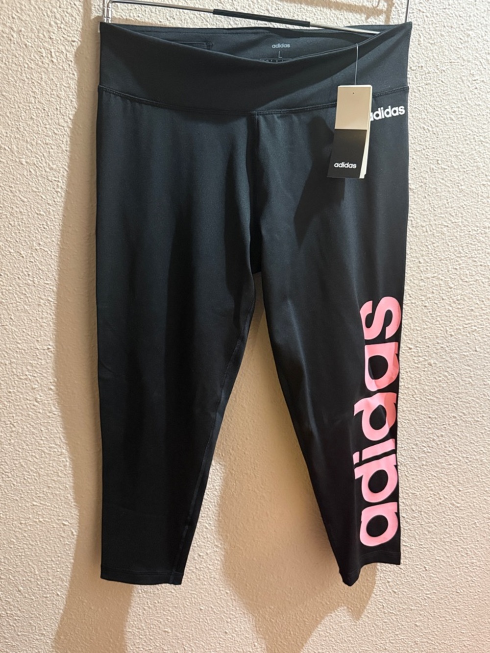 adidas Black Capri Leggings with Pink Side Logo Script